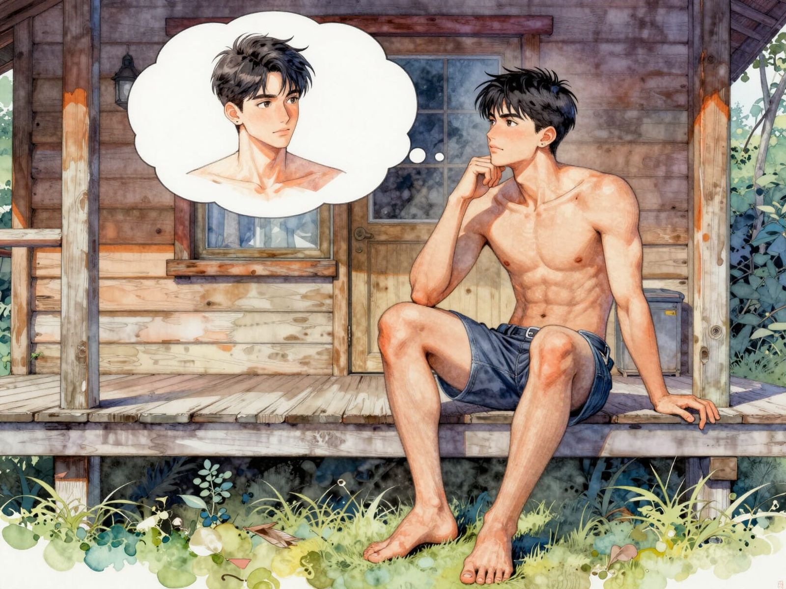 Peaceful Contemplation: Asian Man on Cabin Porch