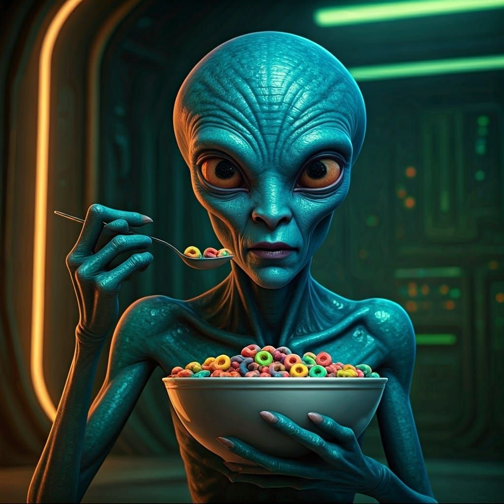 Alien Eating Fruit Loops in Hyperrealistic Digital Art