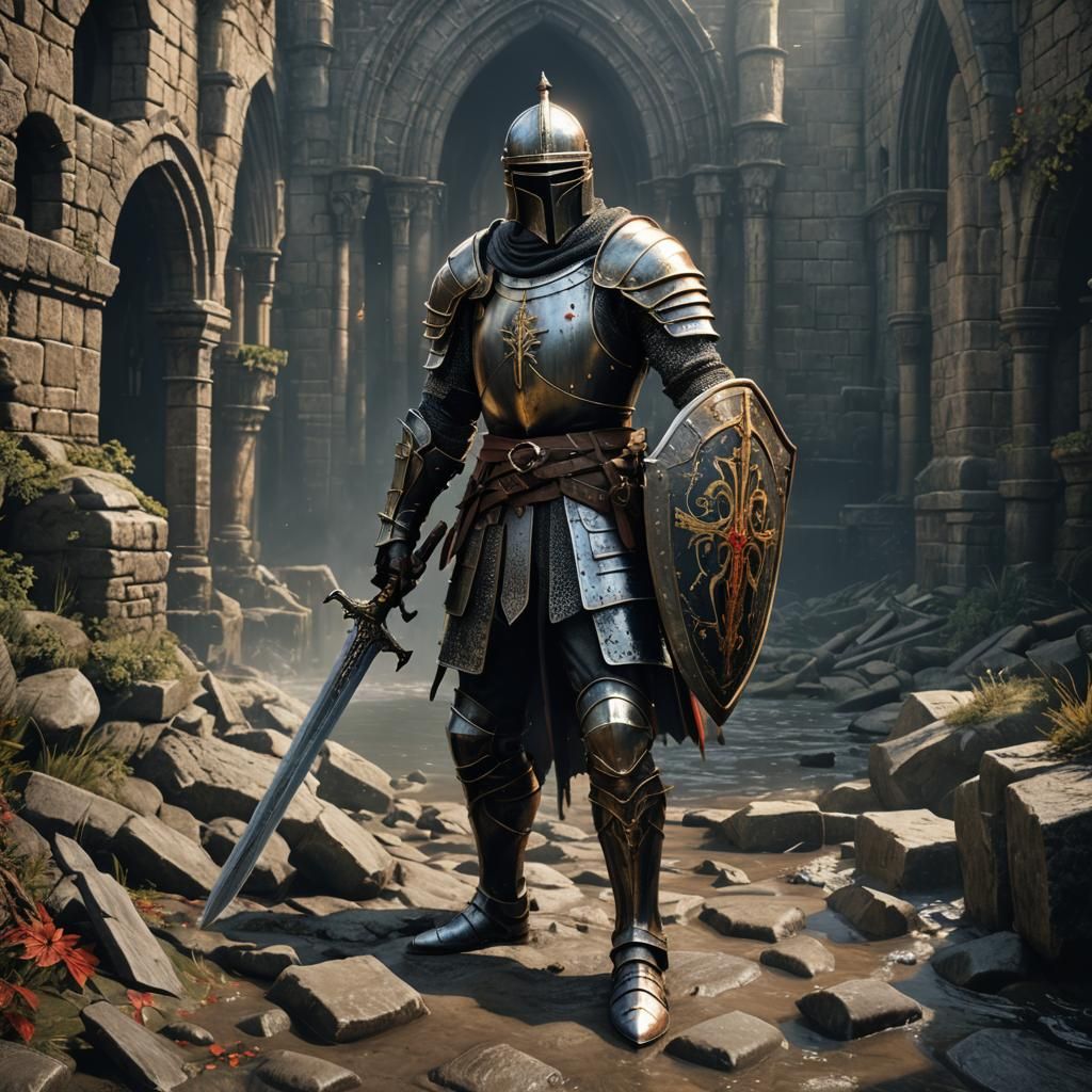 Crusader Knight Defends Against Enemy Tide