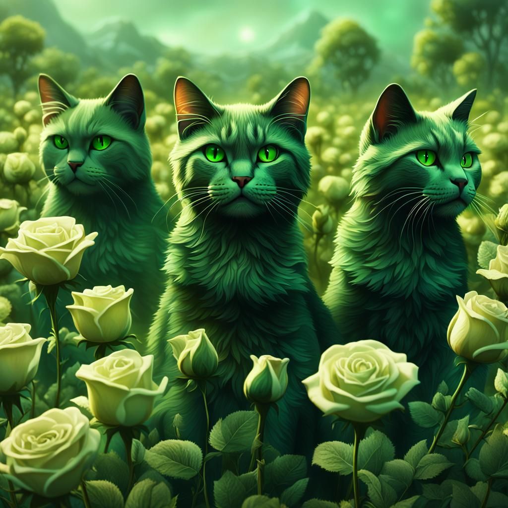 Cats in a Green Rose Field: Fantasy Art