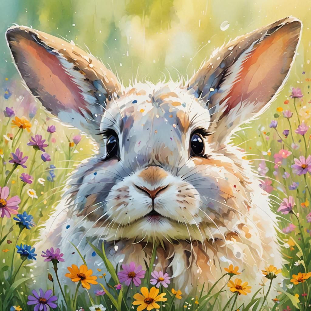 Furry Bunny in Meadow: Digital Watercolor Illustration