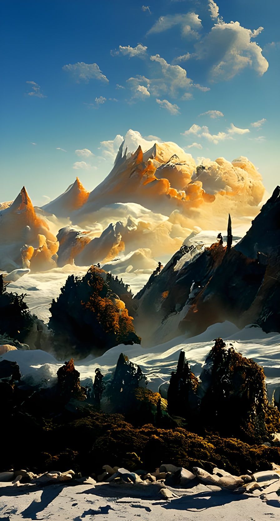 Autumn Mountains in Golden Light, Detailed Digital Painting
