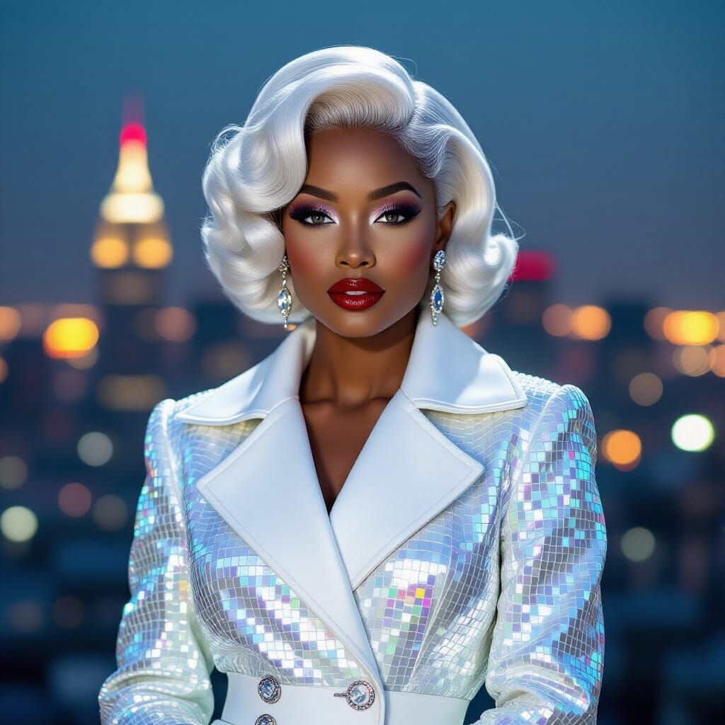 A photograph of a striking African American woman with captivating eyes, showcasing an elegant, curly 1950’s pinup bob h...