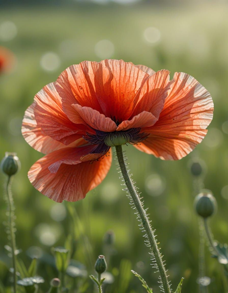 Detailed Close-Up of a Red Poppy in Morning Light