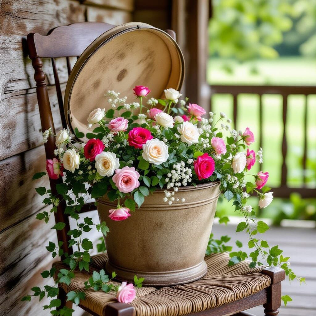 Antique Chamber Pot Chair Filled with Blooming Roses