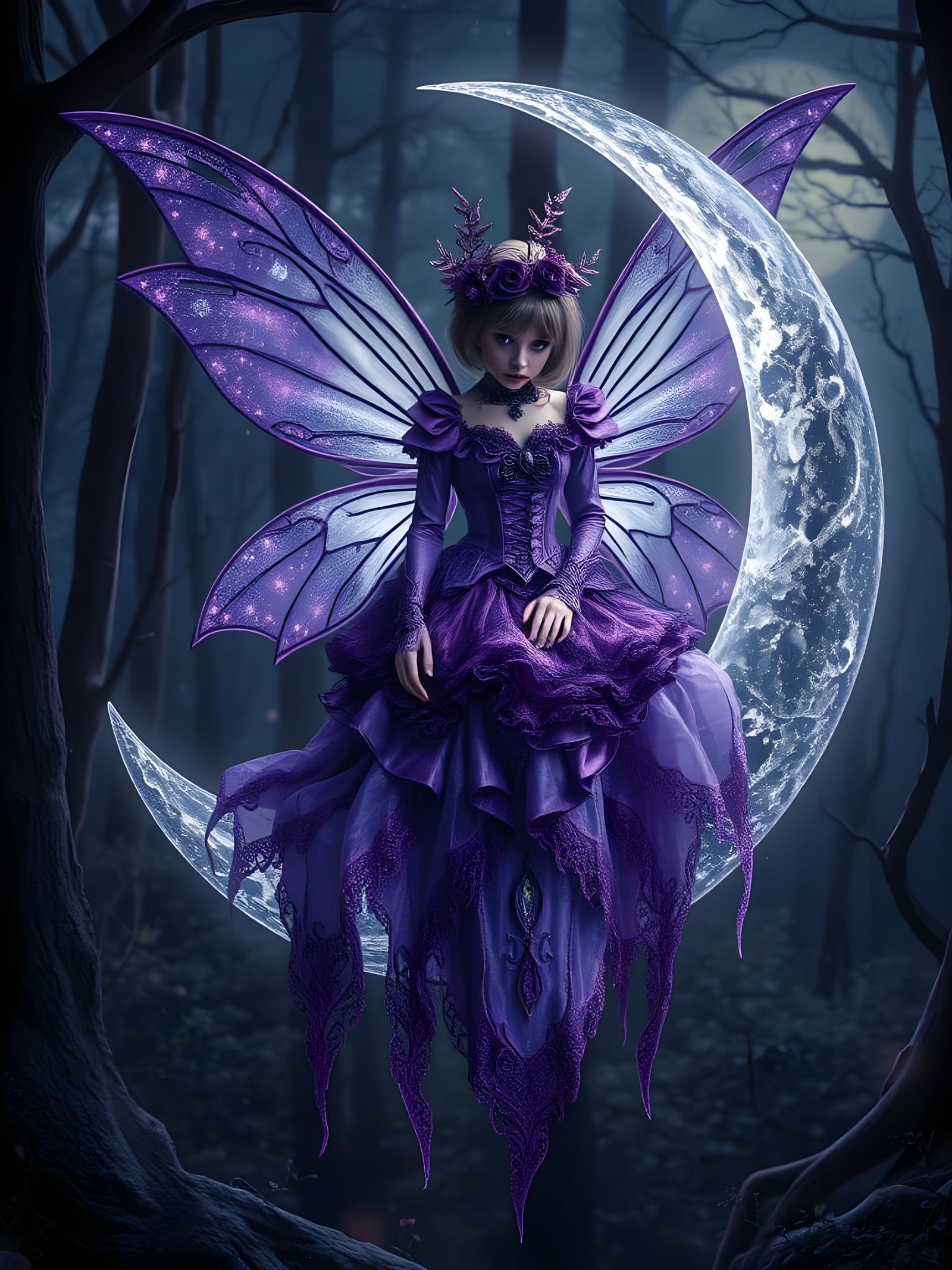 Melancholic Fairy on Moon in Haunted Forest