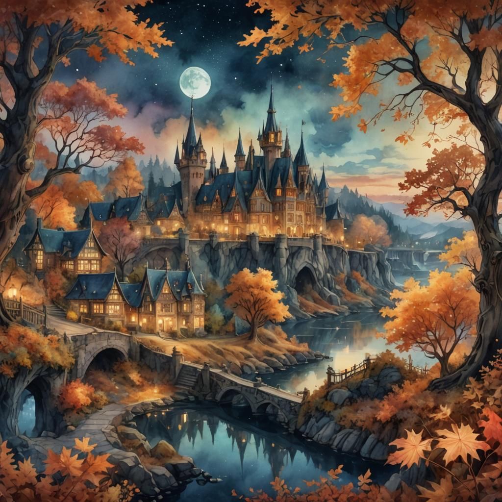Magical Autumn Night in Watercolor Style