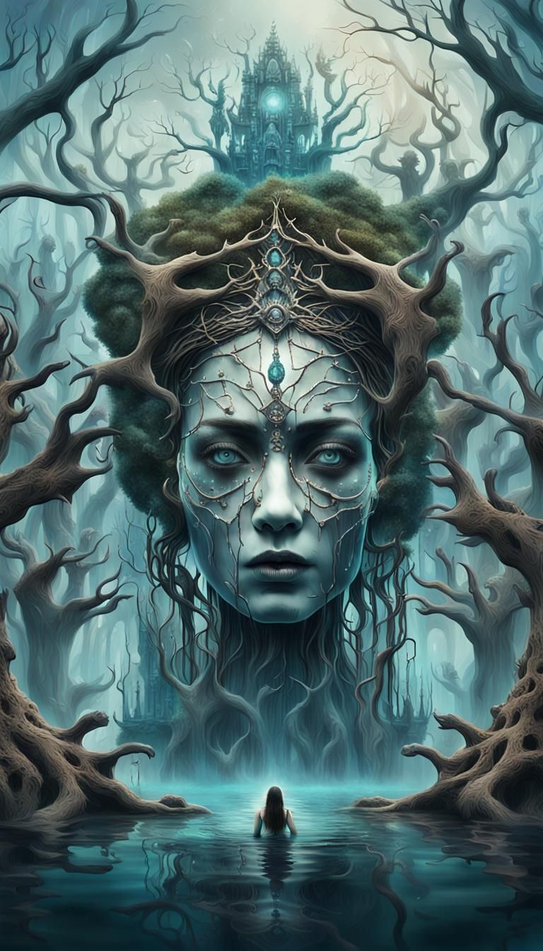 Surreal Empress with Trees and Human Figures