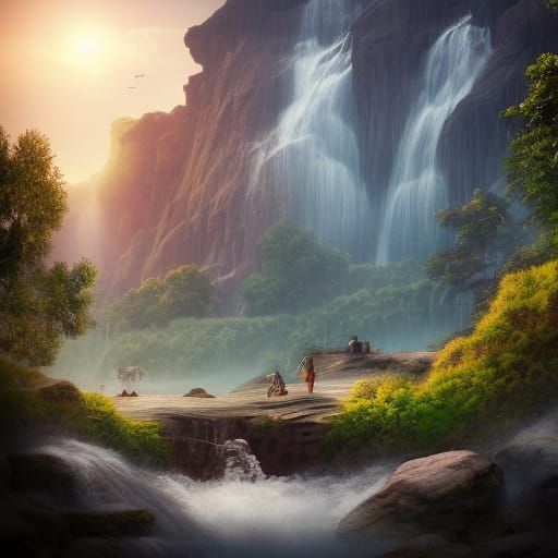 Detailed Forest Waterfall Matte Painting in 8K
