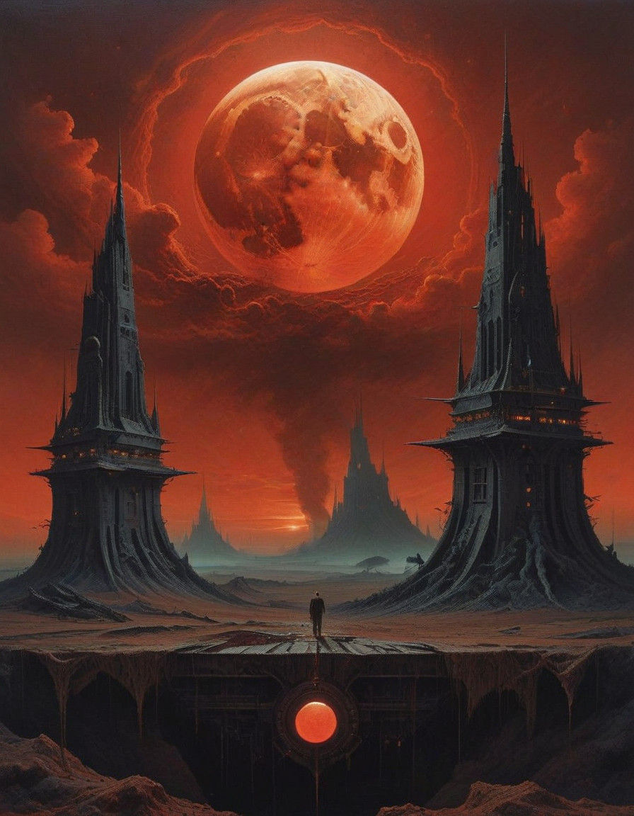 Dieselpunk Control Panel under a Blood Moon, Woven Tapestry....