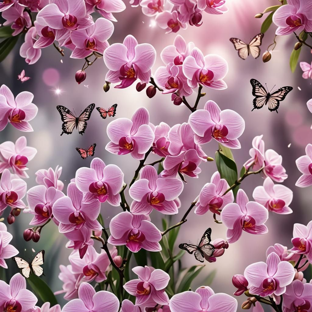 Pink Orchids and Butterflies in Divine Light