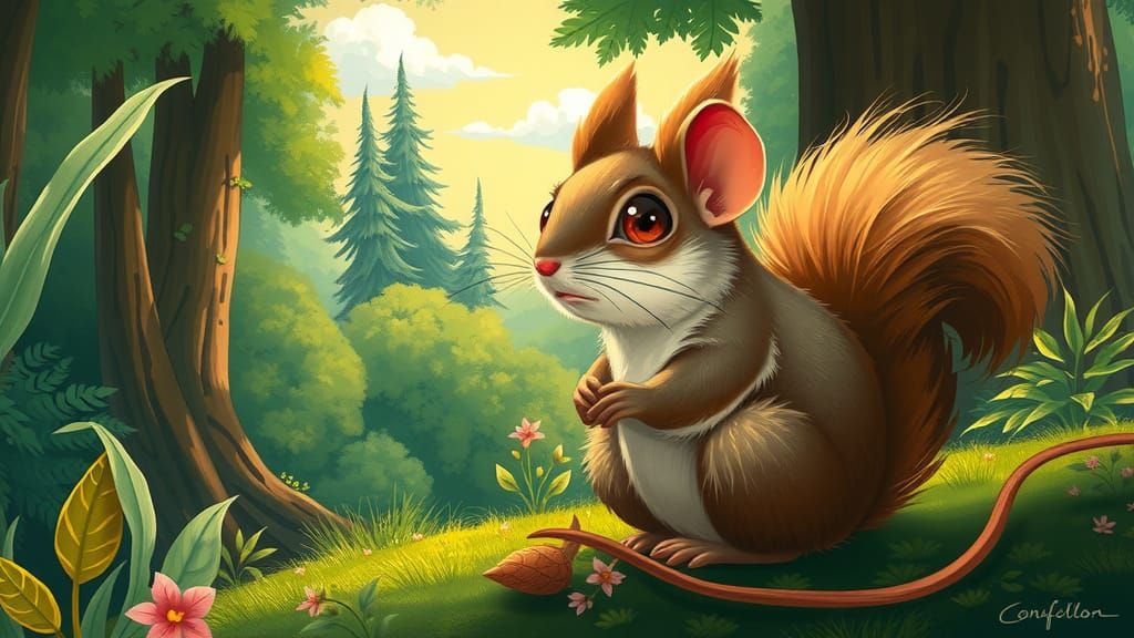Mouse-Squirrel Hybrid in Lush Forest, Detailed Digital Art