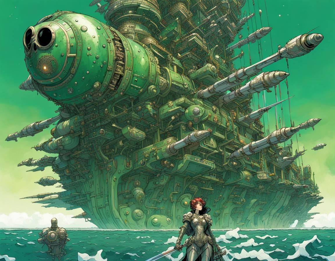 Space Knight Overlooking Battleship in Surreal Green Sky