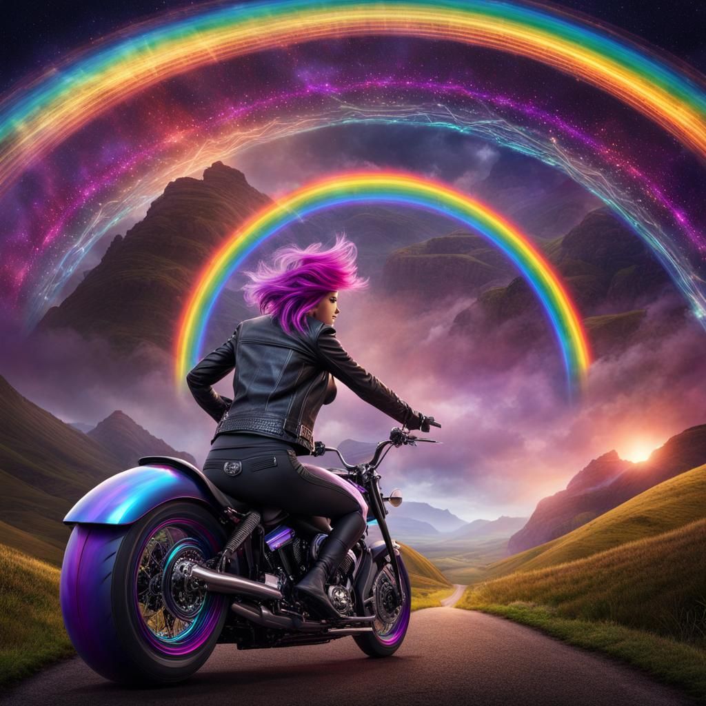 Motorcycle Time Machine Rides Rainbow Wormhole