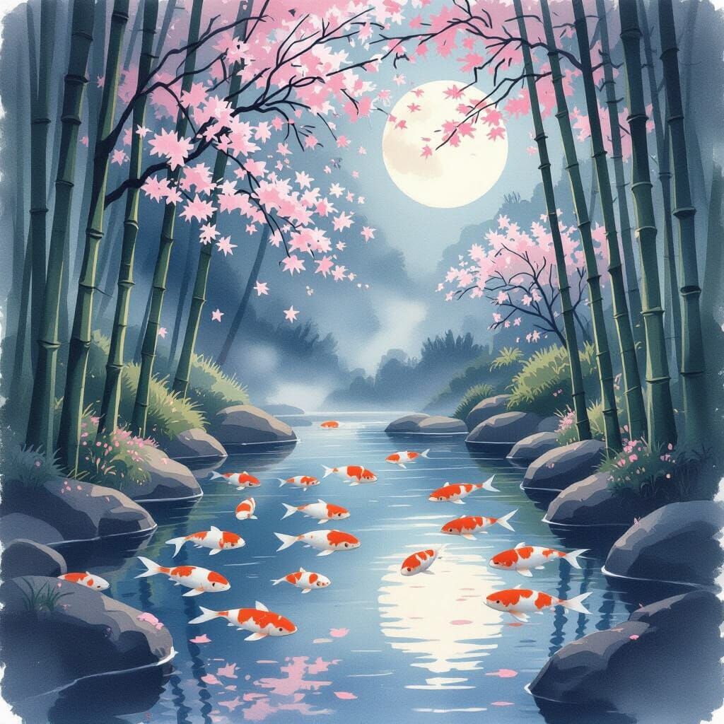 Luminescent Koi Pond in Watercolor Style