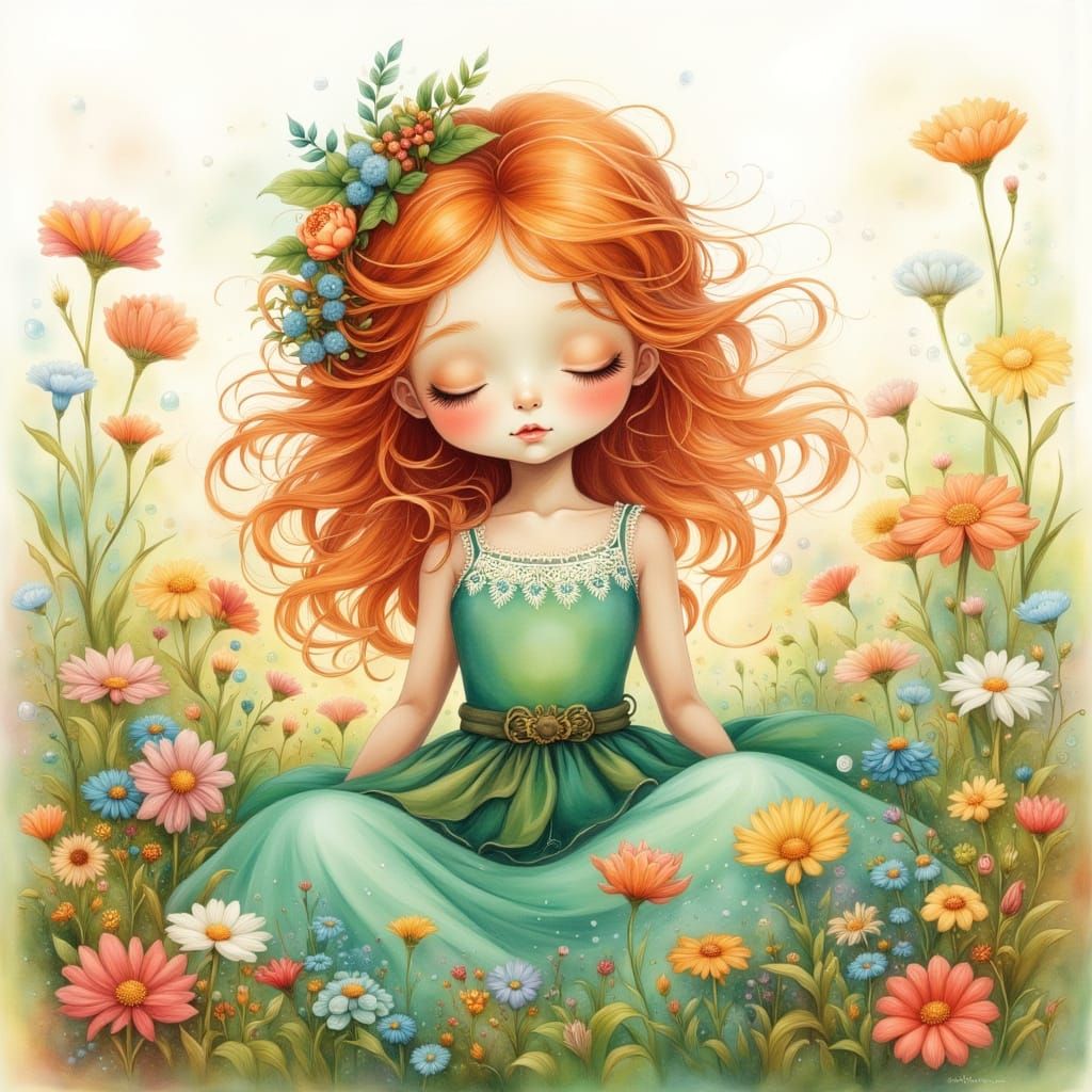 Redhead in Wildflower Field, Watercolor Illustration