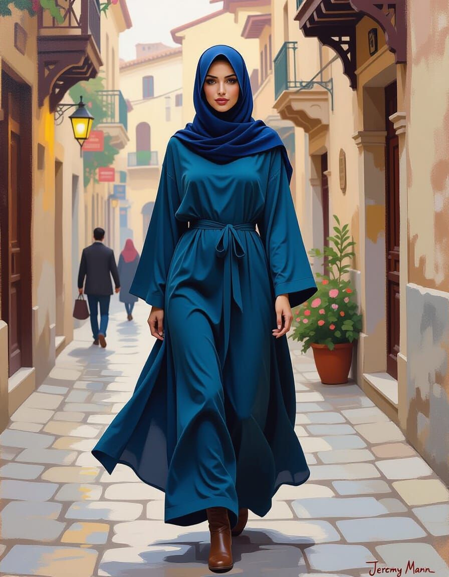 European Hijabi Woman in City, Oil Painting Style