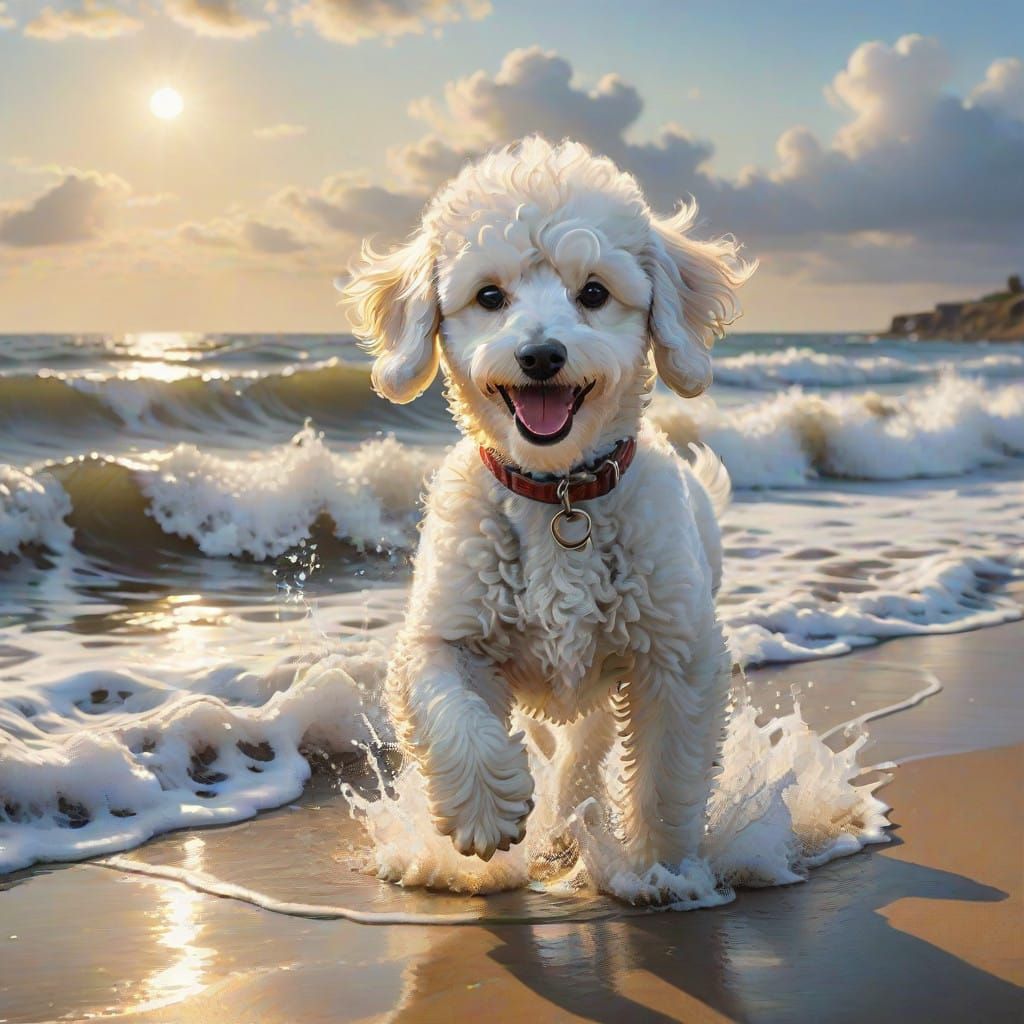 Whimsical White Poodle Puppy Plays in Shallow Waves at Beach...