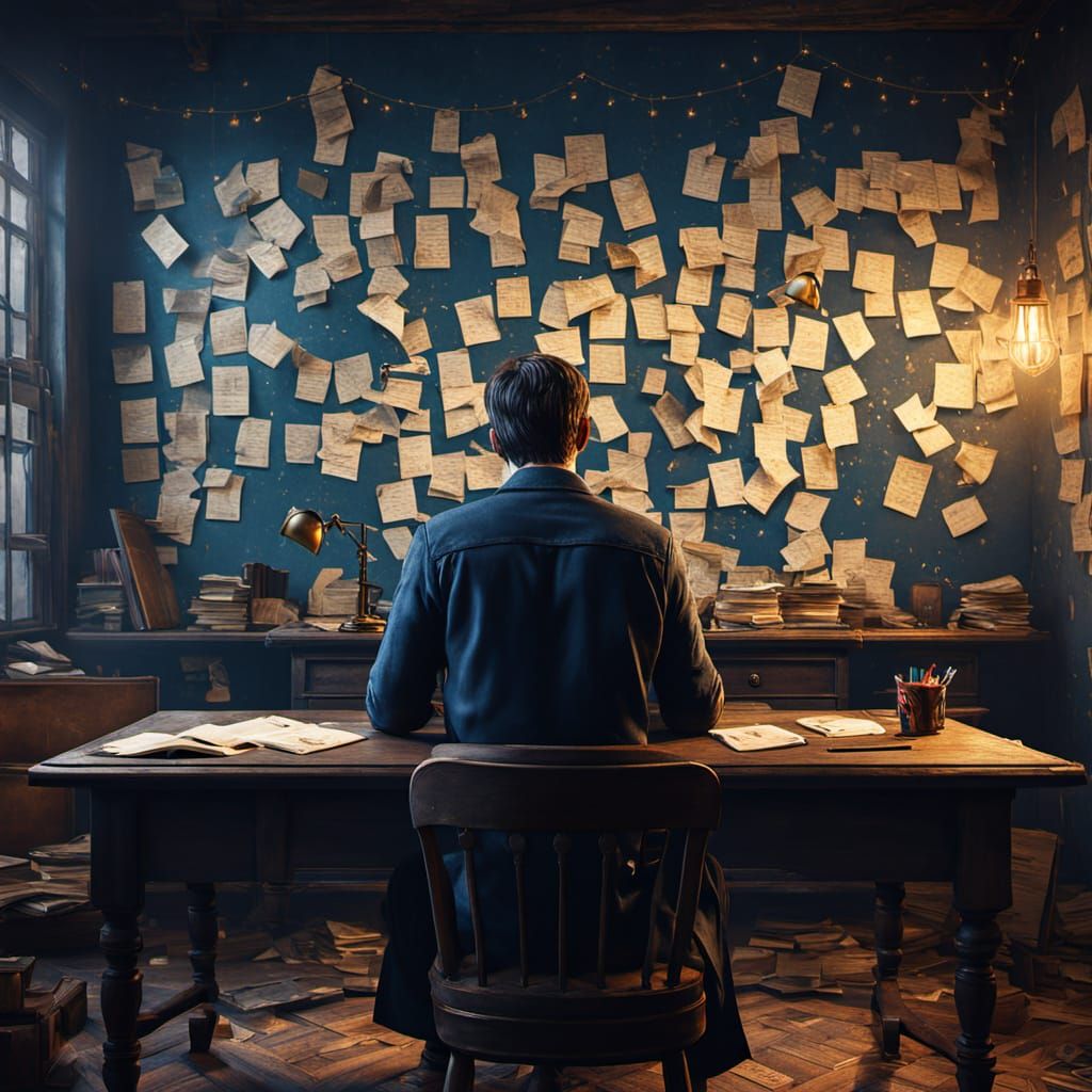 Fantasy Writer Amid Rejection Letters in Golden Light