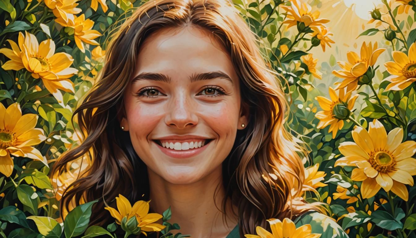 Smiling Woman Surrounded by Flowers in Oil Painting