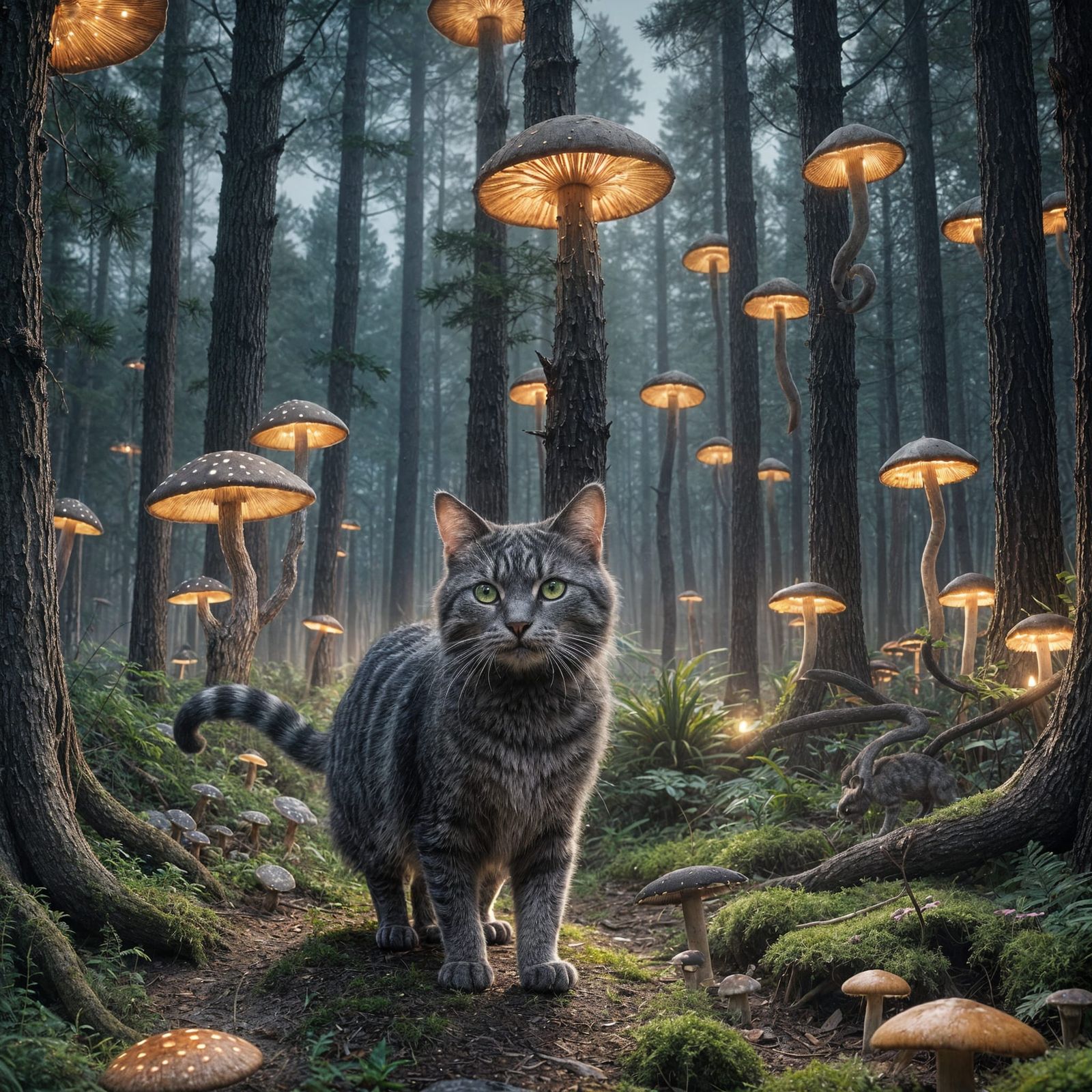 Striped Cat Walks Through Iridescent Forest