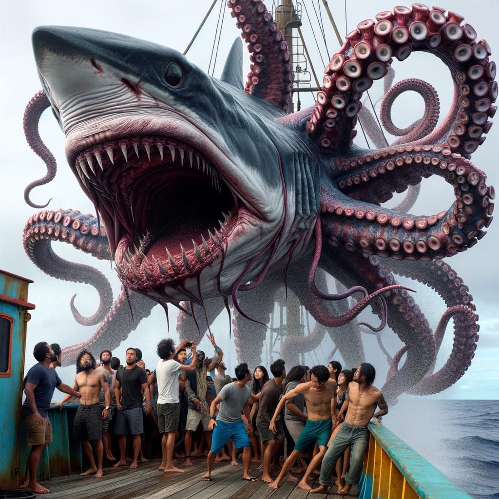 Fearsome Sharktopus Looms Over Fishing Trawler