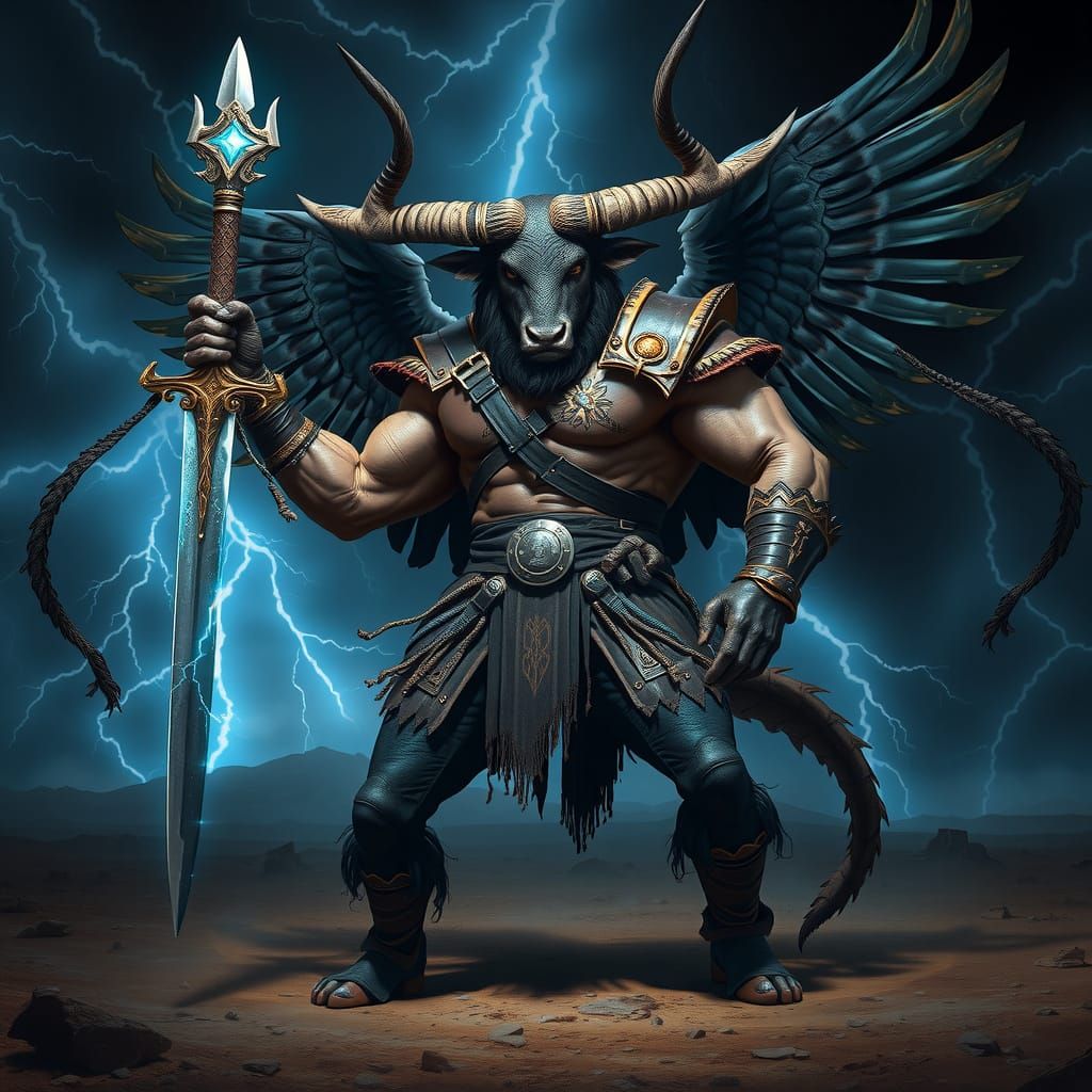 Majestic Minotaur with Dark Angel Wings and Heavenly Sword i...