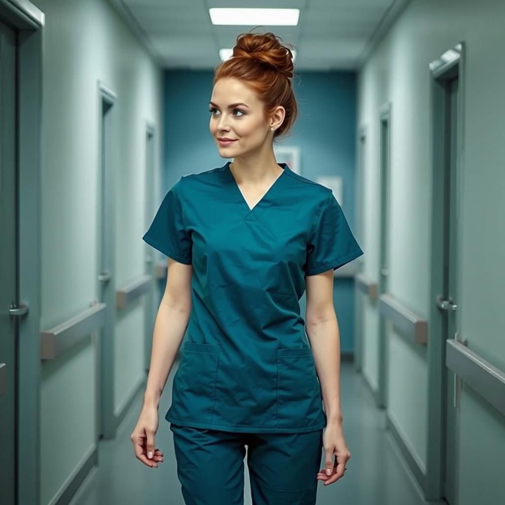 Nurse in Teal Scrubs Walks Hospital Hallway