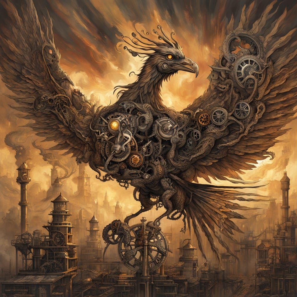 Steampunk Phoenix Rising from Clockwork City Ruins