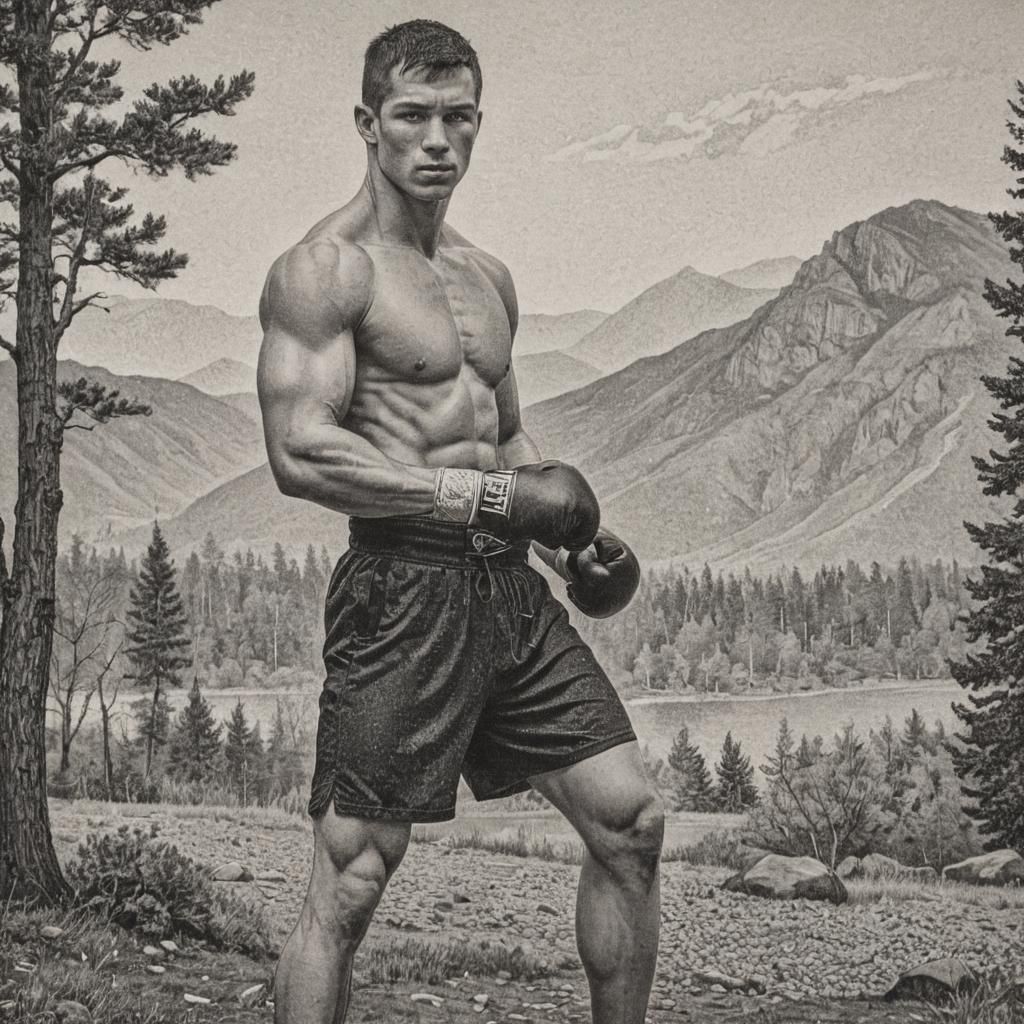 Masculine Kickboxer in Kinetic Pointillism Landscape