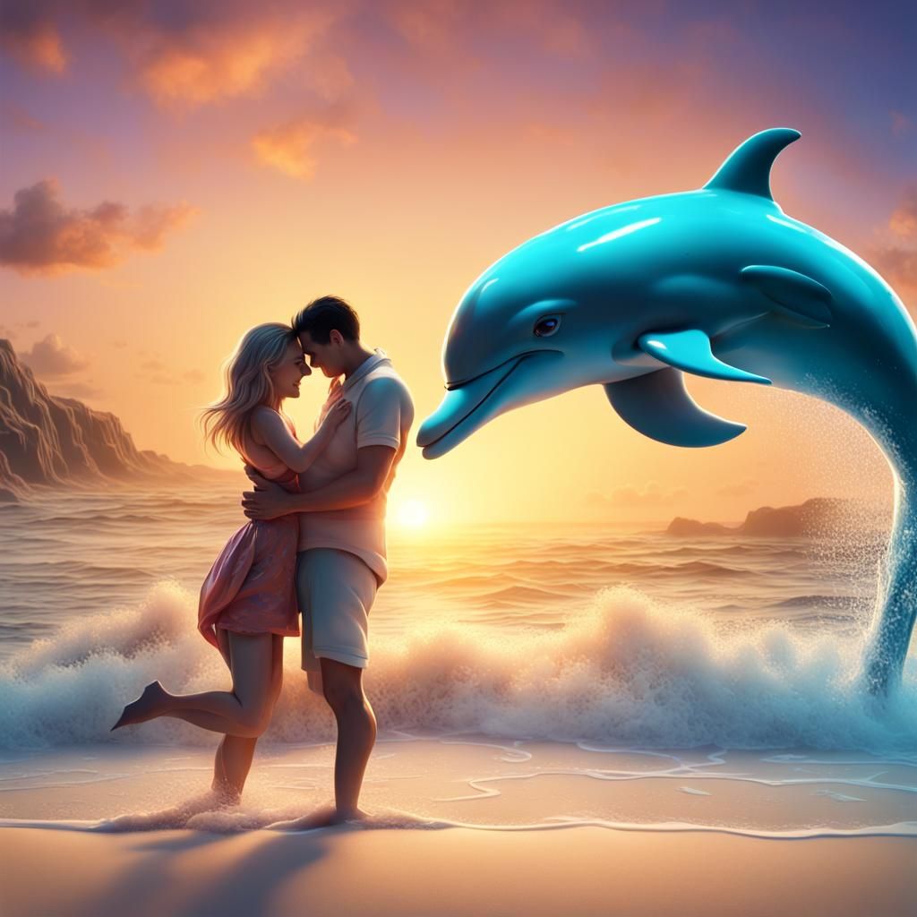 Romantic Beach Proposal with Dolphins as 3D Art