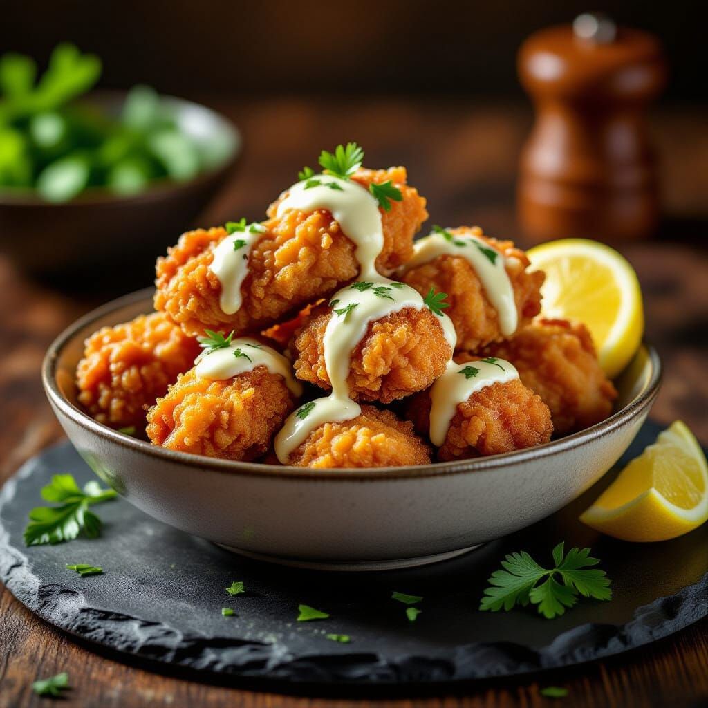 Crispy Fried Chicken with Creamy Mayo on Slate Plate