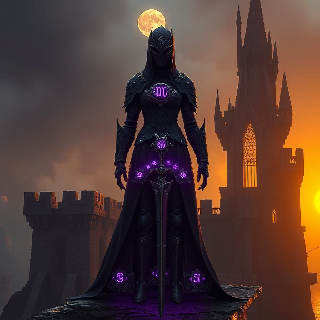 Mystical Warrior in Dark Fantasy Landscape