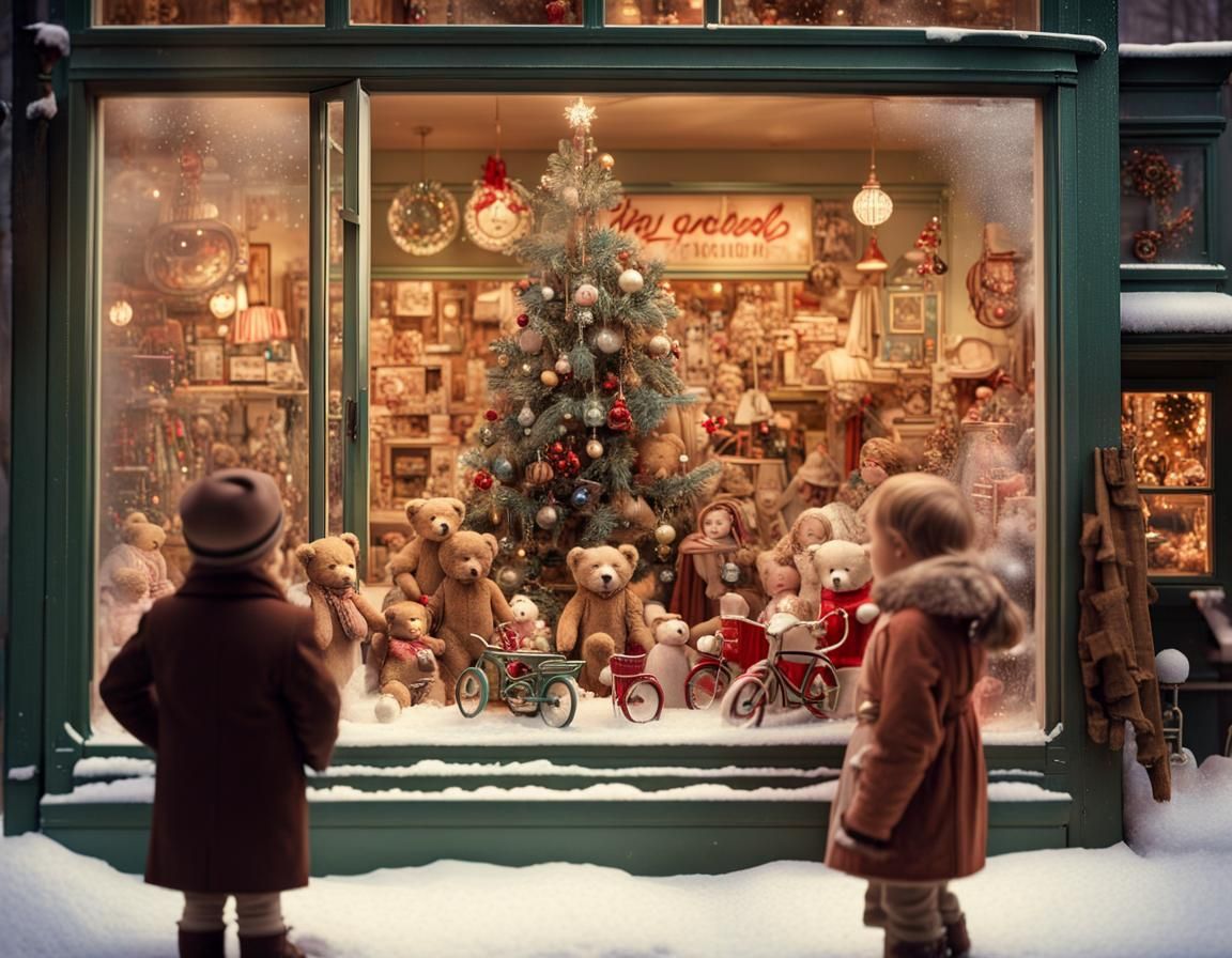 Children Admire 1930s Christmas Toy Store Display
