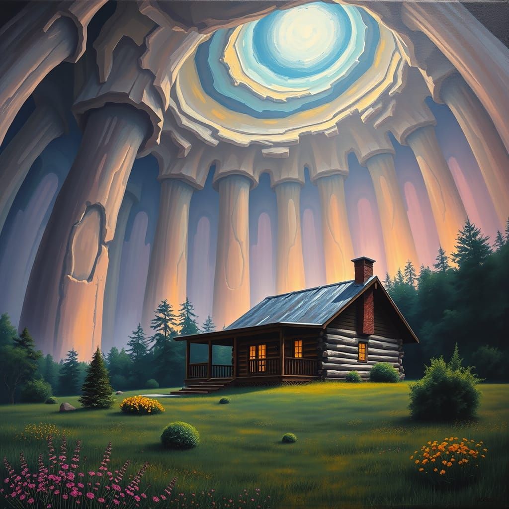 Serene Cabin Surrounded by Light, Neo-Impressionist Oil Pain...