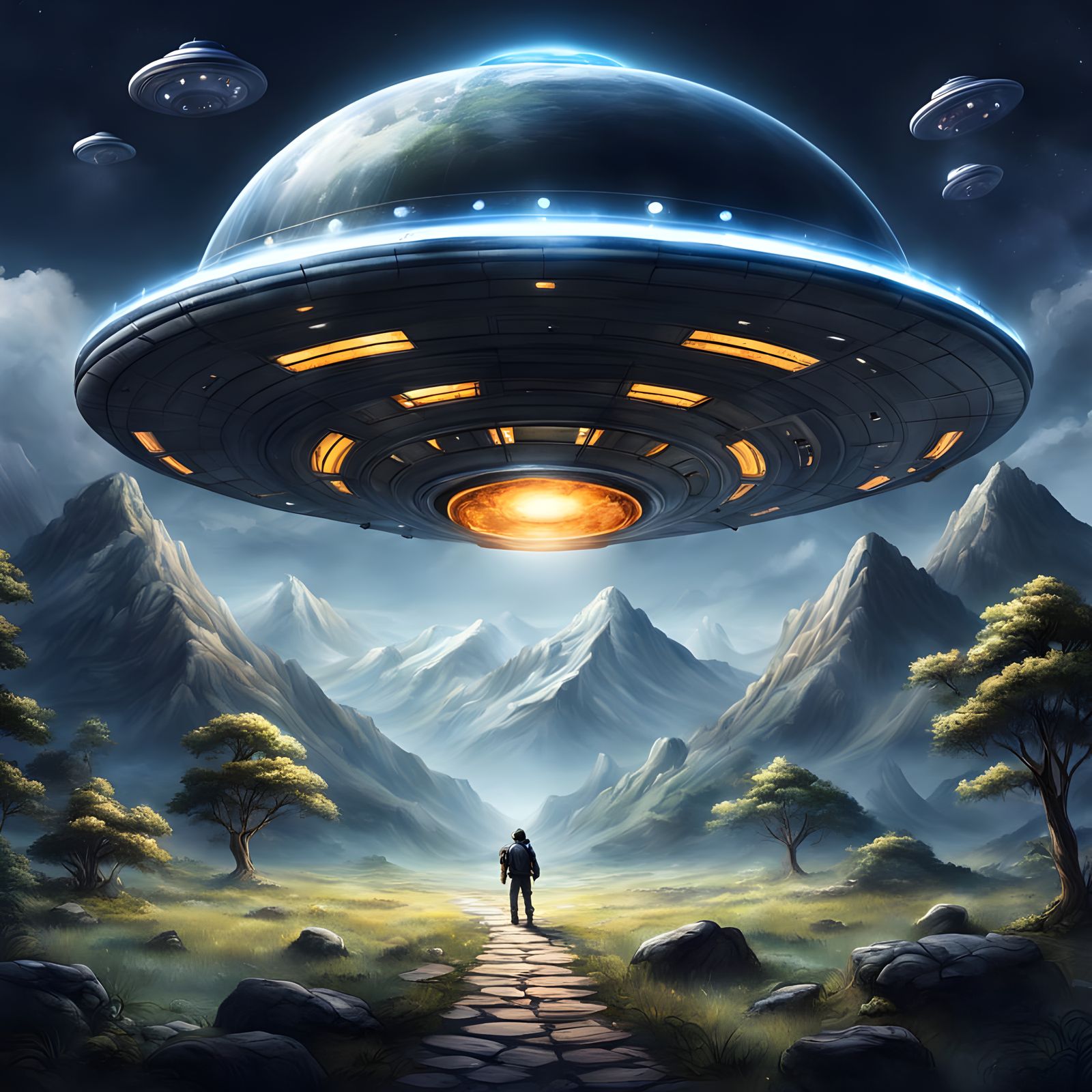 Mysterious Celestial Encounter in a Futuristic Landscape