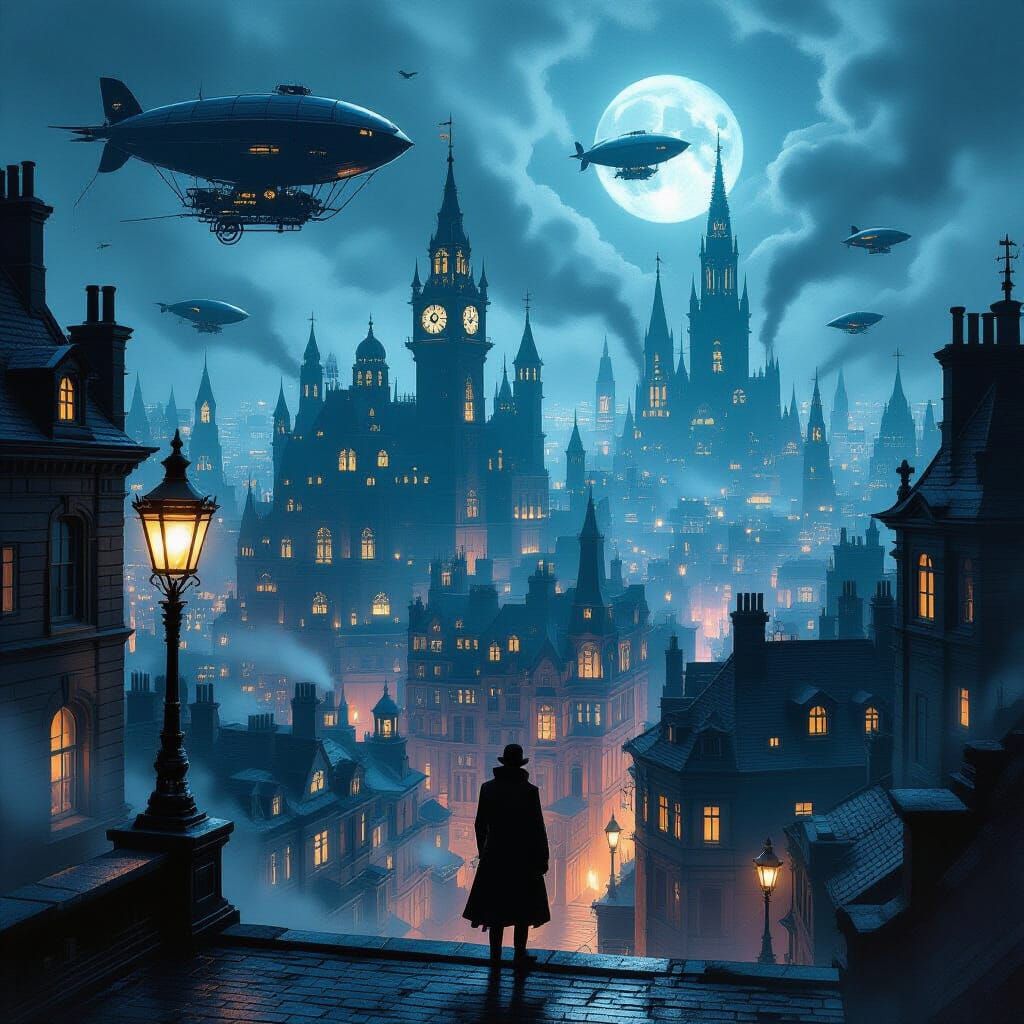 Steampunk Metropolis at Night with Figure