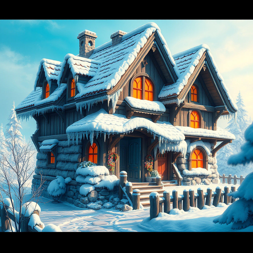 Vibrant Watercolor House in Snowy Winter Landscape