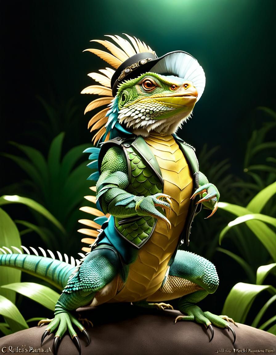 Whimsical Hawk-Iguana Hybrid in Dapper Attire