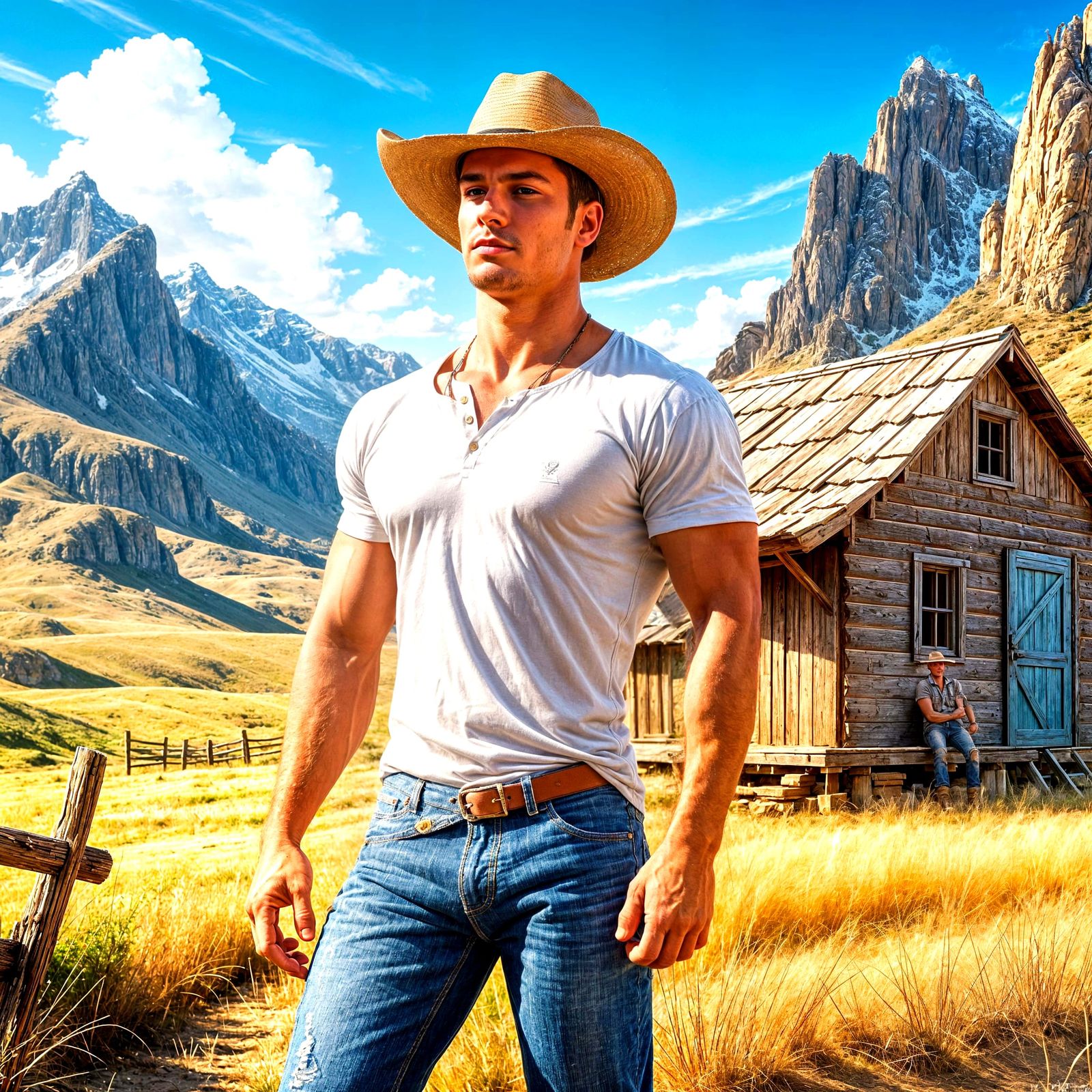 Muscular Cowboy Contemplating Rural Landscape