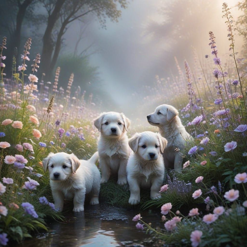 Dreamy Puppies in Wildflowers Watercolor Style