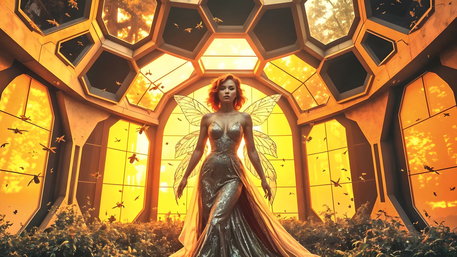Ethereal Queen in Futuristic Beehive Sanctuary
