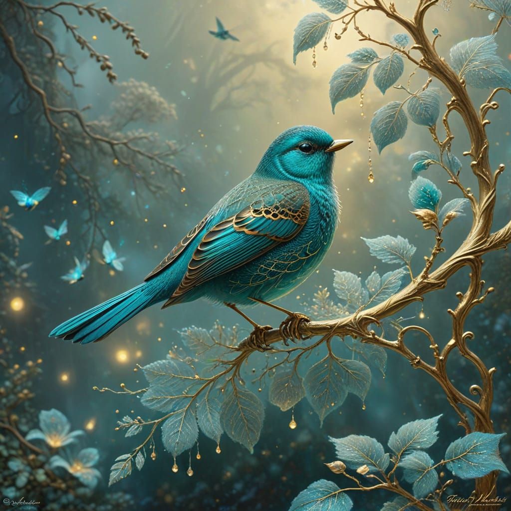 Teal Songbird in Ornate Golden Birdcage