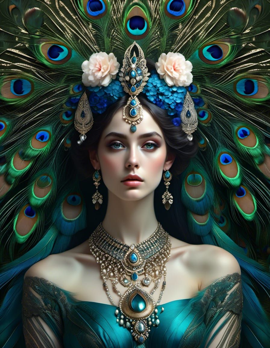 Teal Goddess with Peacock Feathers: Art Nouveau Portrait