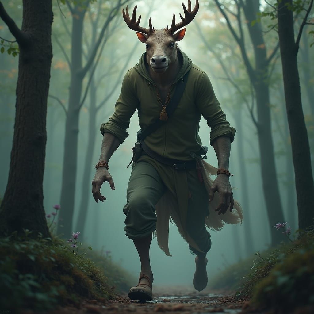 Therian Runs by Creek in Forest, Whimsical Style