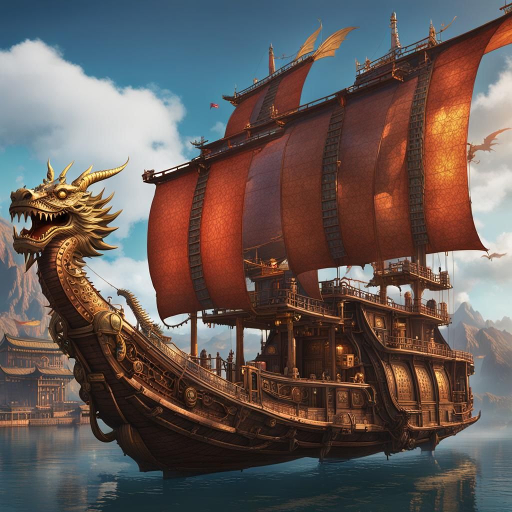 Steampunk Chinese Junk with Dragon, Detailed Matte Painting