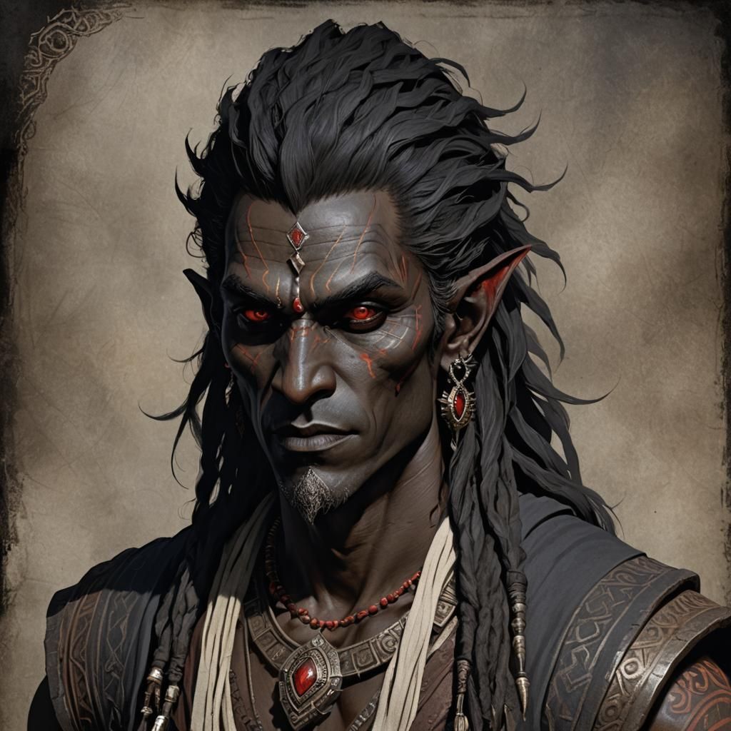 Dark Elf Alchemist in Aztec and Vedic Style