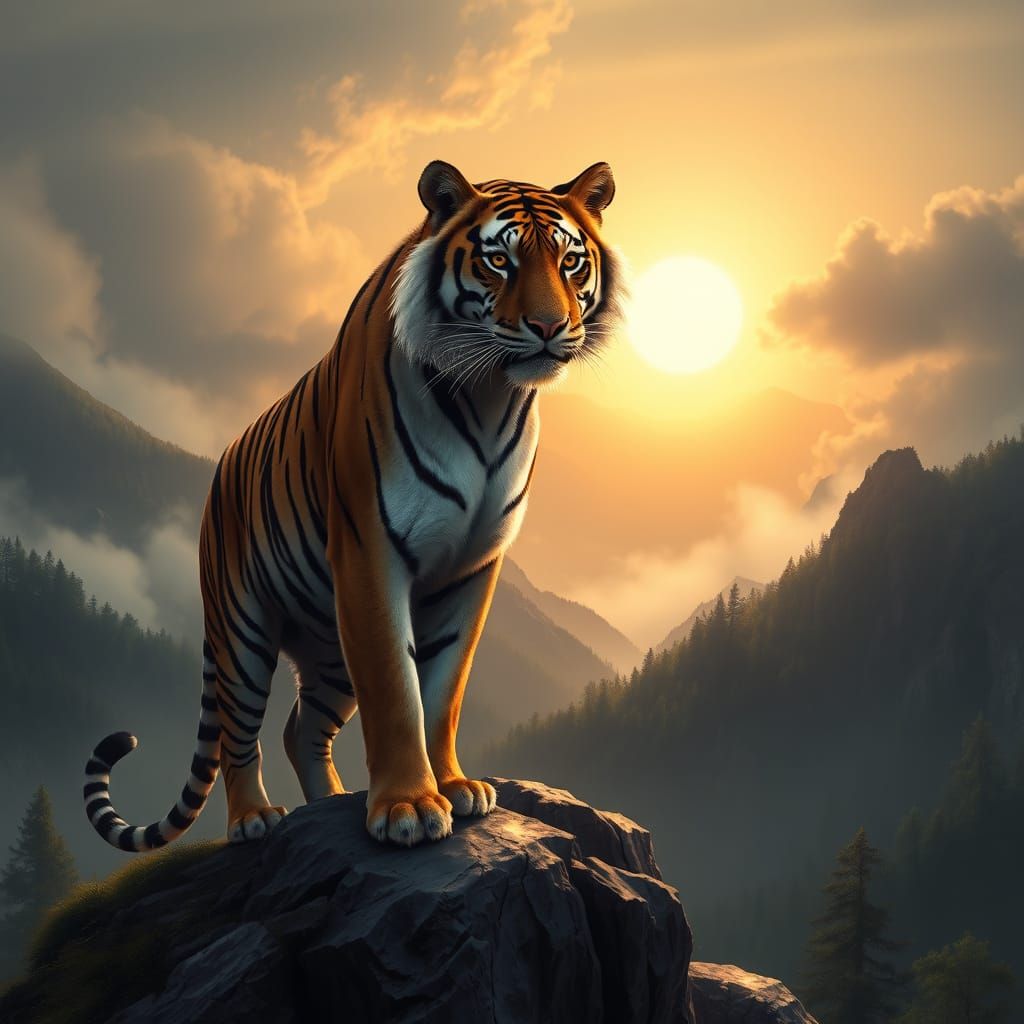 Majestic Bengal Tiger Amidst Misty Mountains at Sunrise, Cla...