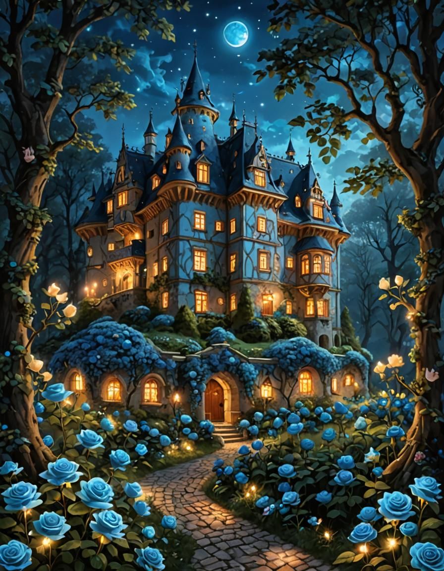 Fairytale Castle with Blue Roses in Enchanted Forest