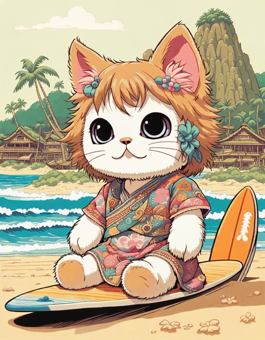 Anthropomorphic Kitten Doll on Beach, Manga Style